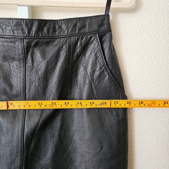VTG SILVERLEAF Black Leather Pocket Snap Button Zipper Pencil Midi Skirt Sz 12 - Picture 15 of 16